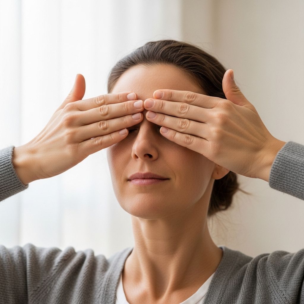 Close-up of a calm person with hands gently cupped over their closed eyes, palming exercise in a bright serene setting with soft window light, representing gentle eye relaxation practice