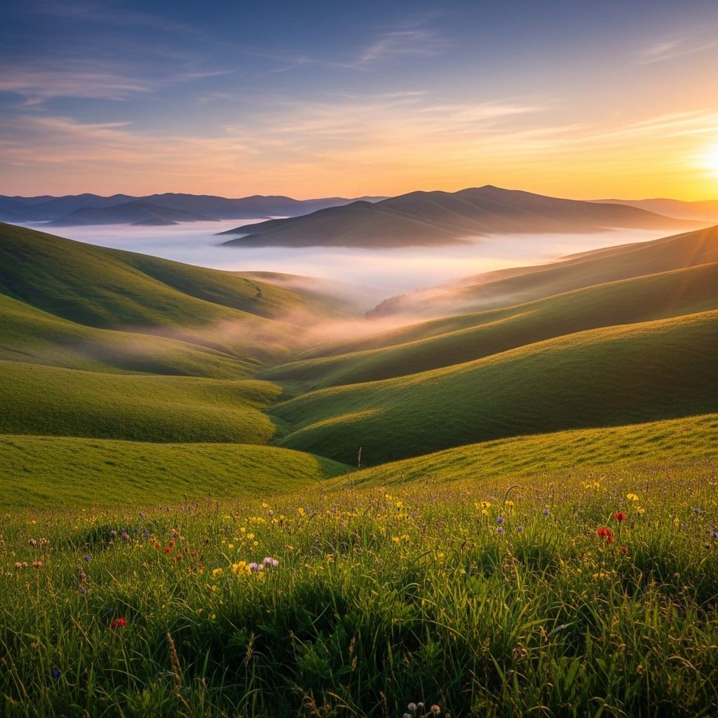 Serene green valley with rolling hills and soft morning mist, representing visual clarity and natural tranquility